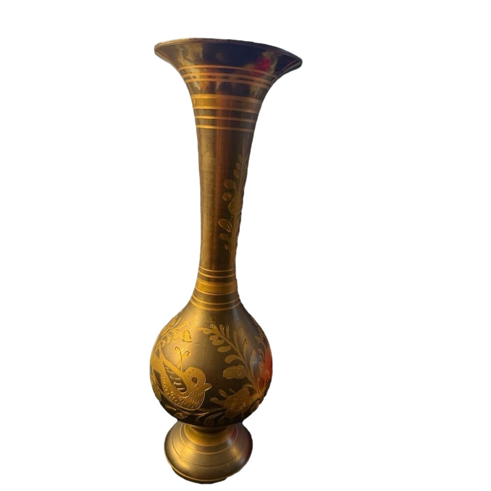 Vintage Etched Brass Vase 15" tall; floral motifs